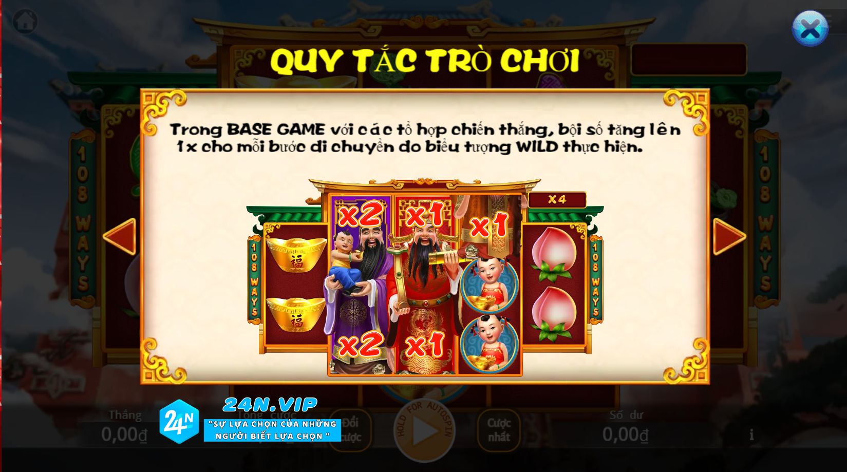 Base Game và Bội Số Tăng trong Slot Fu Lu Shou tại Nhà Cái 24N